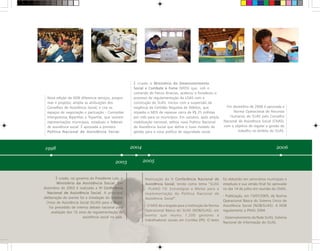 1998 2004
Nova edição da NOB diferencia serviços, progra-
mas e projetos; amplia as atribuições dos
Conselhos de Assistência Social; e cria os
espaços de negociação e pactuação - Comissões
Intergestoras Bipartites e Tripartite, que reúnem
representações municipais, estaduais e federais
de assistência social. É aprovada a primeira
Política Nacional de Assistência Social.
2003
É criado, no governo do Presidente Lula, o
Ministério da Assistência Social. Em
dezembro de 2003 é realizada a IV Conferência
Nacional de Assistência Social. A principal
deliberação do evento foi a instalação do Sistema
Único de Assistência Social (SUAS) para o Brasil.
Foi precedido de intenso debate nacional para
avaliação dos 10 anos de regulamentação da
assistência social no país.
É criado o Ministério do Desenvolvimento
Social e Combate à Fome (MDS) que, sob o
comando de Patrus Ananias, acelerou e fortaleceu o
processo de regulamentação da LOAS com a
construção do SUAS. Iniciou com a suspensão da
exigência da Certidão Negativa de Débitos, que
impedia o MDS de repassar cerca de R$ 25 milhões
por mês para os municípios. Em outubro, após ampla
mobilização nacional, editou nova Política Nacional
de Assistência Social que define o novo modelo de
gestão para a nova política de seguridade social.
Realização da V Conferência Nacional de
Assistência Social, tendo como tema “SUAS
- PLANO 10: Estratégias e Metas para a
Implementação da Política Nacional de
Assistência Social”.
- O MDS dá a largada para a instituição da Norma
Operacional Básica do SUAS (NOB/SUAS), em
evento que reuniu 1.200 gestores e
trabalhadores sociais em Curitiba (PR). O texto
Em dezembro de 2006 é aprovada a
Norma Operacional de Recursos
Humanos do SUAS pelo Conselho
Nacional de Assistência Social (CNAS),
com o objetivo de regular a gestão do
trabalho no âmbito do SUAS.
2006
2005
foi debatido em seminários municipais e
estaduais e sua versão final foi aprovada
no dia 14 de julho em reunião do CNAS.
- Publicação, em 15/07/2005, da Norma
Operacional Básica do Sistema Único de
Assistência Social (NOB/SUAS). A NOB
regulamenta a PNAS 2004.
- Desenvolvimento da Rede SUAS, Sistema
Nacional de Informação do SUAS.
 