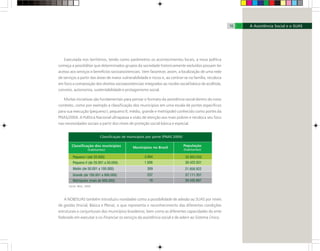 Executada nos territórios, tendo como parâmetros os acontecimentos locais, a nova política
começa a possibilitar que determinados grupos da sociedade historicamente excluídos possam ter
acesso aos serviços e benefícios socioassistenciais. Vem favorecer, assim, a localização de uma rede
de serviços a partir das áreas de maior vulnerabilidade e riscos e, ao centrar-se na família, recoloca
em foco a composição dos direitos socioassistenciais integrados ao núcleo social básico de acolhida,
convívio, autonomia, sustentabilidade e protagonismo social.
Muitas iniciativas são fundamentais para pensar o formato da assistência social dentro do novo
contexto, como por exemplo a classificação dos municípios em uma escala de portes específicos
para sua execução (pequeno I, pequeno II, médio, grande e metrópole) conhecido como portes da
PNAS/2004. A Política Nacional ultrapassa a visão de atenção aos mais pobres e recoloca seu foco
nas necessidades sociais a partir dos níveis de proteção social básica e especial.
A NOB/SUAS também introduziu novidades como a possibilidade de adesão ao SUAS por níveis
de gestão (Inicial, Básica e Plena), o que representa o reconhecimento das diferentes condições
estruturais e conjunturais dos municípios brasileiros; bem como as diferentes capacidades do ente
federado em executar e co-financiar os serviços da assistência social e de aderir ao Sistema Único.
Fonte: IBGE, 2000
1716
 