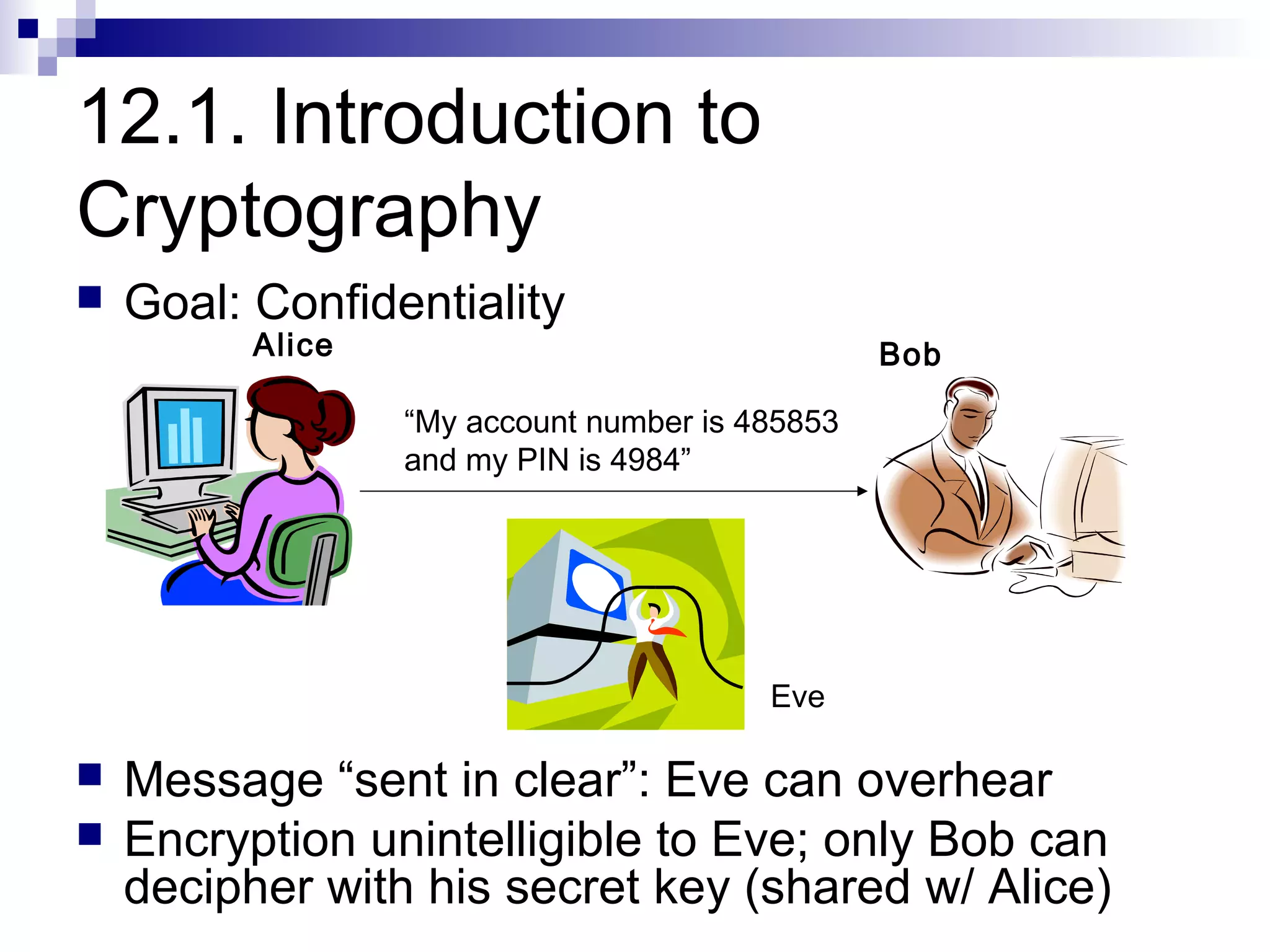 12.1. Introduction to
Cryptography
   Goal: Confidentiality
          Alice                                  Bob

                  “My account number is 485853
                  and my PIN is 4984”




                                         Eve

   Message “sent in clear”: Eve can overhear
   Encryption unintelligible to Eve; only Bob can
    decipher with his secret key (shared w/ Alice)
 
