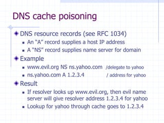 DNS cache poisoning
DNS resource records (see RFC 1034)
 An “A” record supplies a host IP address
 A “NS” record supplies name server for domain
Example
 www.evil.org NS ns.yahoo.com /delegate to yahoo
 ns.yahoo.com A 1.2.3.4 / address for yahoo
Result
 If resolver looks up www.evil.org, then evil name
server will give resolver address 1.2.3.4 for yahoo
 Lookup for yahoo through cache goes to 1.2.3.4
 
