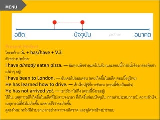 Present Perfect
โครงสร้าง: S. + has/have + V.3
ตัวอย่างประโยค:
I have already eaten pizza. —ฉันทานพิซซ่าหมดไปแล้ว (และตอนนี้กาลังนั่งจ้องกล่องพิซซ่า
เปล่าๆ อยู่)
I have been to London. —ฉันเคยไปลอนดอน (เคยเกิดขึ้นในอดีต ตอนนี้อยู่ไทย)
He has learned how to drive. —เข้าเรียนรู้วิธีการขับรถ (ตอนนี้ขับเป็นแล้ว)
He has not arrived yet. —เขายังมาไม่ถึง (ตอนนี้นั่งรออยู่)
ใช้ใน: เหตุการณ์ที่เกิดขึ้นในอดีตที่ไม่เจาะจงเวลา ที่เกิดขึ้นก่อนปัจจุบัน, การเล่าประสบการณ์, ความสาเร็จ,
เหตุการณ์ที่ยังไม่เกิดขึ้น แต่คาดไว้ว่าจะเกิดขึ้น
ดูตรงไหน: จะไม่มีคาบอกเวลาอย่างเจาะจงเด็ดขาด และดูโครงสร้างประกอบ
MENU
 
