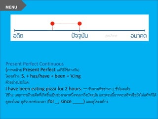 Present Perfect Continuous
(ภาพคล้าย Present Perfect แต่วิธีใช้ต่างกัน)
โครงสร้าง: S. + has/have + been + V.ing
ตัวอย่างประโยค:
I have been eating pizza for 2 hours. —ฉันทานพิซซ่ามา 2 ชั่วโมงแล้ว
ใช้ใน: เหตุการณ์ในอดีตที่เกิดขึ้นเป็นช่วงเวลาหนึ่งจนมาถึงปัจจุบัน และตอนนี้อาจจะเสร็จหรือยังไม่เสร็จก็ได้
ดูตรงไหน: ดูตัวบอกช่วงเวลา (for _, since ____) และดูโครงสร้าง
MENU
 