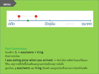 Past Continuous
โครงสร้าง: S. + was/were + V.ing
ตัวอย่างประโยค:
I was eating pizza when you arrived. —ฉันกาลังทานพิซซ่าในขณะที่คุณมา
ใช้ใน: เหตุการณ์ที่เกิดขึ้นในอดีตและถูกแทรกโดยอีกเหตุการณ์หนึ่ง
ดูตรงไหน: ดู was/were และ V.ing เป็นหลัก และดูประโยคที่บอกเวลาว่ามันเกิดในอดีต
MENU
 