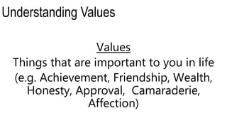 Understanding Values
Values
Things that are important to you in life
(e.g. Achievement, Friendship, Wealth,
Honesty, Approval, Camaraderie,
Affection)
 
