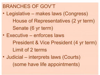 BRANCHES OF GOV’T Legislative – makes laws (Congress) House of Representatives (2 yr term) Senate (6 yr term) Executive – enforces laws  President & Vice President (4 yr term) Limit of 2 terms Judicial – interprets laws (Courts) (some have life appointments) 