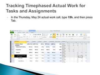 • In the Thursday, May 24 actual work cell, type 15h, and then press
Tab.
 