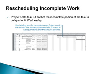 • Project splits task 31 so that the incomplete portion of the task is
delayed until Wednesday
 
