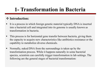 1- Transformation in Bacteria
 Introduction:
 It is a process in which foreign genetic material typically DNA is inserted
into a bacterial cell and integrated into its genome is usually known as
transformation in bacteria.
 This process is for horizontal gene transfer between bacteria, giving them
the capacity to acquire new characteristics like antibiotics resistance or the
capability to metabolize diverse chemicals.
 Normally, naked DNA from the surroundings is taken up by the
transformation process. While it happens naturally in some bacterial
species, scientists can carefully trigger transformation in lab settings. The
following are the general stages of bacterial transformation:
 