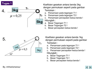 Tugas 1                             Koefisien gesekan antara benda 3kg
                        T1          dengan permukaan seperti pada gambar
4.        3kg                        Tentukan :
                                     a. Persamaan pada tegangan T1 !
       µ = 0,25                T2    b. Persamaan pada tegangan T2 !
                                     c. Persamaan percepatan kedua benda !
                                     Hitunglah :
                             5kg     a. Besar Tegangan T1 !
                                     b. Besar Tegangan T2 !
                                     c. Besar percepatan kedua benda !



                                     Koefisien gesekan antara benda 1kg
5.                     T1            dengan permukaan seperti pada gambar
                              T2      Tentukan :
                                       a. Persamaan pada tegangan T1 !
             1kg                       b. Persamaan pada tegangan T2 !
                   µ = 0,3   3kg       c. Persamaan percepatan kedua benda !
      30 0                             Hitunglah :
                                       a. Besar Tegangan T1 !
                                       b. Besar Tegangan T2 !
                                       c. Besar percepatan kedua benda !


By. mhharismansur
 