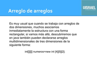 Arreglo de arreglos
Es muy usual que cuando se trabaja con arreglos de
dos dimensiones, muchos asociamos
inmediatamente la estructura con una forma
rectangular, si vamos más allá, descubriremos que
en java también pueden declararse arreglos
multidimensionales de tres dimensiones de la
siguiente forma:
int[][][] numeros=new int [4][5][2];
 