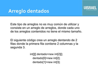 Arreglo dentados
Este tipo de arreglos no es muy común de utilizar y
consiste en un arreglo de arreglos, donde cada uno
de los arreglos contenidos no tiene el mismo tamaño.
El siguiente código crea un arreglo dentando de 2
filas donde la primera fila contiene 2 columnas y la
segunda 3.
int[][] dentado=new int[2][];
dentado[0]=new int[2];
dentado[1]=new int[3];
 