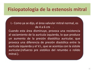 Fisiopatologia de la estenosis mitral
.
      I.- Como ya se dijo, el área valvular mitral normal, es
                          de 4 a 6 cm .
                                      2

    Cuando esta área disminuye, provoca una resistencia
    al vaciamiento de la aurícula izquierda, lo que produce
    un aumento de la presión diastólica auricular, que
    provoca una diferencia de presión diastólica entre la
    aurícula izquierda y el V.I., que se acentúa con la sístole
    auricular.(refuerzo pre sistólico del retumbo o rolido
    mitral.).



                                                                  11
 