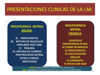 PRESENTACIONES CLINICAS DE LA I.M.
.
    INSUFICIENCIA MITRAL                                 INSUFICIENCIA
           AGUDA.                                           MITRAL
                                                           CRONICA:
       A) ENDOCARDITIS.
    B) ROTURA DE MUSCULOS                                   A)VALVULA
        PAPILARES POST-IAM.                           MIXOMATOSA.(PVM).
         C) TRAUMA.                                   B) FIEBRE REUMATICA.
     D) ROTURA DE CUERDAS                               C) ENDOCARDITIS.
       POR PROLAPSO MITRAL                              D) CALCIFICACION
          (PVM) O ENDOC.                                     ANULAR.
            INFECCIOSA)                                   E) CONGENITA.
                                                        F) HOCM CON SAM
                  HOCM= MIOCARDIOPATIA HIPERTROFICA OBSTRUCTIVA.
            SAM= MOVIMIENTO ANTERIOR SISTOLICO DE LA VALVA ANTERIOR MITRAL.
                                                                              28
 