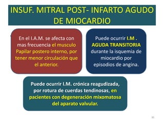 INSUF. MITRAL POST- INFARTO AGUDO
           DE MIOCARDIO
.     En el I.A.M. se afecta con      Puede ocurrir I.M .
     mas frecuencia el musculo      AGUDA TRANSITORIA
    Papilar postero interno, por    durante la isquemia de
    tener menor circulación que         miocardio por
              el anterior.           episodios de angina.


           Puede ocurrir I.M. crónica reagudizada,
            por rotura de cuerdas tendinosas, en
          pacientes con degeneración mixomatosa
                    del aparato valvular.

                                                             30
 