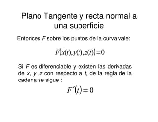 Plano Tangente y recta normal a
una superficie
( ) 0)(),(),( =tztytxF
Entonces F sobre los puntos de la curva vale:
Si F es diferenciable y existen las derivadas
de x, y ,z con respecto a t, de la regla de la
cadena se sigue :
( ) 0=′ tF
 