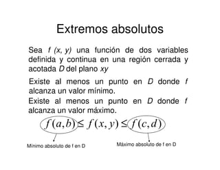 Extremos absolutos
Sea f (x, y) una función de dos variables
definida y continua en una región cerrada y
acotada D del plano xy
Existe al menos un punto en D donde fExiste al menos un punto en D donde f
alcanza un valor mínimo.
Existe al menos un punto en D donde f
alcanza un valor máximo.
),(),(),( dcfyxfbaf ≤≤
Mínimo absoluto de f en D Máximo absoluto de f en D
 