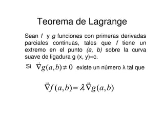 Teorema de Lagrange
Sean f y g funciones con primeras derivadas
parciales continuas, tales que f tiene un
extremo en el punto (a, b) sobre la curva
suave de ligadura g (x, y)=c.
0),( ≠∇ bag
r
Si 0),( ≠∇ bag
r
existe un número λ tal que
),(),( bagbaf ∇=∇
rr
λ
 