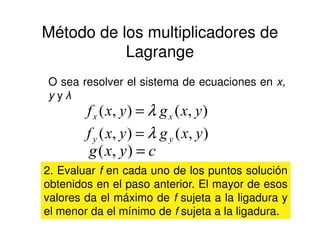 Método de los multiplicadores de
Lagrange
O sea resolver el sistema de ecuaciones en x,
y y λ
),(),( yxgyxf xx λ=
λ=
cyxg =),(
2. Evaluar f en cada uno de los puntos solución
obtenidos en el paso anterior. El mayor de esos
valores da el máximo de f sujeta a la ligadura y
el menor da el mínimo de f sujeta a la ligadura.
),(),( yxgyxf yy λ=
 