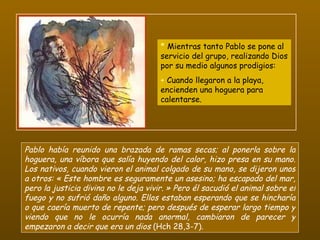 Pablo había reunido una brazada de ramas secas; al ponerla sobre la hoguera, una víbora que salía huyendo del calor, hizo presa en su mano. Los nativos, cuando vieron el animal colgado de su mano, se dijeron unos a otros: « Este hombre es seguramente un asesino; ha escapado del mar, pero la justicia divina no le deja vivir. » Pero él sacudió el animal sobre el fuego y no sufrió daño alguno. Ellos estaban esperando que se hincharía o que caería muerto de repente; pero después de esperar largo tiempo y viendo que no le ocurría nada anormal, cambiaron de parecer y empezaron a decir que era un dios  (Hch 28,3-7). *  Mientras tanto Pablo se pone al servicio del grupo, realizando Dios por su medio algunos prodigios: +  Cuando llegaron a la playa, encienden una hoguera para calentarse. 