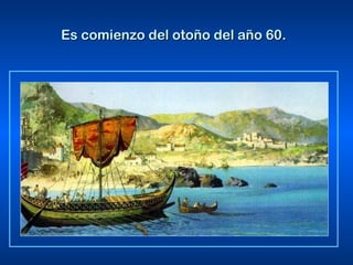 Lucas describe las diversas escalas del viaje:  Sidón , donde se permitió a Pablo visitar la comunidad;  Mira de Licia , donde cambian de nave;  Puertos Buenos  en Creta. Al llegar aquí llegó el momento en que no era recomendable navegar por las malas condiciones del mar. Pablo recomienda quedarse e invernar allí hasta que cambie el tiempo. Pero se impone la opinión de buscar otro puerto, el de  Fénica . Sueltan amarras y deciden navegar hacia él. Es comienzo del otoño del año 60. 