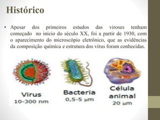 • Apesar dos primeiros estudos das viroses tenham
começado no início do século XX, foi a partir de 1930, com
o aparecimento do microscópio eletrônico, que as evidências
da composição química e estrutura dos vírus foram conhecidas.
Histórico
 