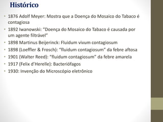Histórico
• 1876 Adolf Meyer: Mostra que a Doença do Mosaico do Tabaco é
contagiosa
• 1892 Iwanowski: “Doença do Mosaico do Tabaco é causada por
um agente filtrável”
• 1898 Martinus Beijerinck: Fluidum vivum contagiosum
• 1898 (Loeffler & Frosch): “fluidum contagiosum” da febre aftosa
• 1901 (Walter Reed): “fluidum contagiosum” da febre amarela
• 1917 (Felix d’Herelle): Bacteriófagos
• 1930: Invenção do Microscópio eletrônico
 