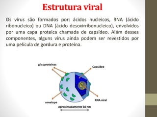 Estrutura viral
Os vírus são formados por: ácidos nucleicos, RNA (ácido
ribonucleico) ou DNA (ácido desoxirribonucleico), envolvidos
por uma capa proteica chamada de capsídeo. Além desses
componentes, alguns vírus ainda podem ser revestidos por
uma película de gordura e proteína.
 