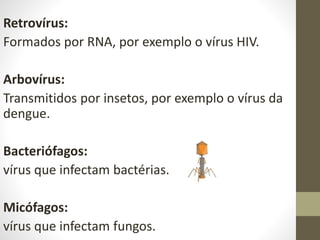 Retrovírus:
Formados por RNA, por exemplo o vírus HIV.
Arbovírus:
Transmitidos por insetos, por exemplo o vírus da
dengue.
Bacteriófagos:
vírus que infectam bactérias.
Micófagos:
vírus que infectam fungos.
 