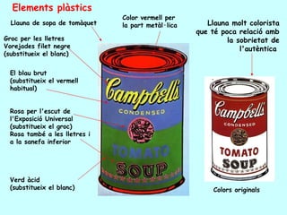 Elements plàstics
                               Color vermell per
  Llauna de sopa de tomàquet   la part metàl·lica      Llauna molt colorista
                                                    que té poca relació amb
Groc per les lletres                                         la sobrietat de
Vorejades filet negre                                            l'autèntica
(substitueix el blanc)


  El blau brut
  (substitueix el vermell
  habitual)


  Rosa per l'escut de
  l'Exposició Universal
  (substitueix el groc)
  Rosa també a les lletres i
  a la sanefa inferior




  Verd àcid
  (substitueix el blanc)                                Colors originals
 
