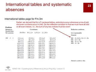 International tables and systematic
absences
NANO 106 - Crystallography ofMaterials by Shyue Ping Ong - Lecture 12
International tables page for Fm-3m
Earlier, we derived that for a F-centered lattice, extinctions occur whenever a mix of odd
and even numbers occur in (hkl). So the reflection condition is that we must have all odd
or all even indices, i.e., the sum of any two indices must be even!
23
 