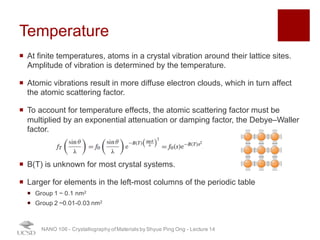 Temperature
¡ At finite temperatures, atoms in a crystal vibration around their lattice sites.
Amplitude of vibration is determined by the temperature.
¡ Atomic vibrations result in more diffuse electron clouds, which in turn affect
the atomic scattering factor.
¡ To account for temperature effects, the atomic scattering factor must be
multiplied by an exponential attenuation or damping factor, the Debye–Waller
factor.
¡ B(T) is unknown for most crystal systems.
¡ Larger for elements in the left-most columns of the periodic table
¡ Group 1 ~ 0.1 nm2
¡ Group 2 ~0.01-0.03 nm2
NANO 106 - Crystallography ofMaterials by Shyue Ping Ong - Lecture 12
28
 