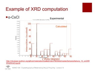 ¡α-CsCl
Example of XRD computation
NANO 106 - Crystallography ofMaterials by Shyue Ping Ong - Lecture 12
Calculated
Experimental
http://nbviewer.ipython.org/github/materialsvirtuallab/nano106/blob/master/lectures/lecture_13_xrd/XR
D%20CsCl.ipynb
36
 