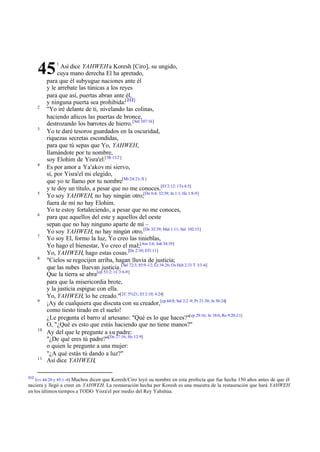 45       1
                 Así dice YAHWEH a Koresh [Ciro], su ungido,
                cuya mano derecha El ha apretado,
           para que él subyugue naciones ante él
           y le arrebate las túnicas a los reyes
           para que así, puertas abran ante él,
           y ninguna puerta sea prohibida:[ 212]
      2
           "Yo iré delante de ti, nivelando las colinas,
           haciendo añicos las puertas de bronce,
           destrozando los barrotes de hierro. [Sal 107:16]
      3
           Yo te daré tesoros guardados en la oscuridad,
           riquezas secretas escondidas,
           para que tú sepas que Yo, YAHWEH,
           llamándote por tu nombre,
           soy Elohim de Yisra'el.[1R 13:2 ]
      4
           Es por amor a Ya'akov mi siervo,
           sí, por Yisra'el mi elegido,
           que yo te llamo por tu nombre[Mt 24:21-31]
           y te doy un título, a pesar que no me conoces.[Ef 2:12: 1Ts 4:5]
      5
           Yo soy YAHWEH, no hay ningún otro;[De 6:4; 32:39; Jn 1:1; He 1:8-9]
           fuera de mí no hay Elohim.
           Yo te estoy fortaleciendo, a pesar que no me conoces,
      6
           para que aquellos del este y aquellos del oeste
           sepan que no hay ninguno aparte de mí –
           Yo soy YAHWEH; no hay ningún otro, [De 32:39; Mal 1:11; Sal 102:15]
      7
           Yo soy El, formo la luz, Yo creo las tinieblas,
           Yo hago el bienestar, Yo creo el mal;[Am 3:6; Job 34:19]
           Yo, YAHWEH, hago estas cosas.[De 2:30; Ef1:11]
      8
           "Cielos se regocijen arriba, hagan lluvia de justicia;
           que las nubes lluevan justicia.[Sal 72:3; 85:9 -12; Ez 34:26; Os Hch 2:33 T 3:3 -6]
           Que la tierra se abra[cp 53:2; 1C 3:6-9]
           para que la misericordia brote,
           y la justicia espigue con ella.
           Yo, YAHWEH, lo he creado."[2C 5%21; Ef 2:10; 4:24]
      9
           ¡Ay de cualquiera que discuta con su creador,[cp 64:8; Sal 2:2 -9; Pr 21:30; Je 50:24]
           como tiesto tirado en el suelo!
           ¿Le pregunta el barro al artesano: "Qué es lo que haces?"[cp 29:16; Je 18:6; Ro 9:20-21]
           O, "¿Qué es esto que estás haciendo que no tiene manos?"
      10
           Ay del que le pregunte a su padre:
           "¿De qué eres tú padre?"[De 27:16; He 12:9]
           o quien le pregunte a una mujer:
           "¿A qué estás tú dando a luz?"
      11
           Así dice YAHWEH,

212
    (vv 44:28 y 45:1 -4) Muchos dicen que Koresh/Ciro leyó su nombre en esta profecía que fue hecha 150 años antes de que él
naciera y llegó a creer en YAHWEH. La restauración hecha por Koresh es una muestra de la restauración que hará YAHWEH
en los últimos tiempos a TODO Yisra'el por medio del Rey Yahshúa.
 