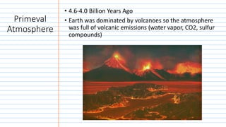 Primeval
Atmosphere
• 4.6-4.0 Billion Years Ago
• Earth was dominated by volcanoes so the atmosphere
was full of volcanic emissions (water vapor, CO2, sulfur
compounds)
 