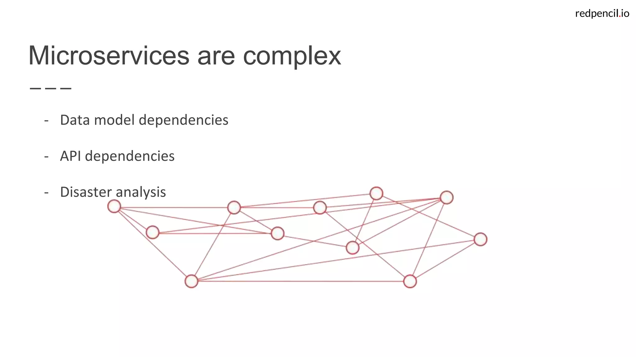 redpencil.io
Microservices are complex
- Data model dependencies
- API dependencies
- Disaster analysis
 
