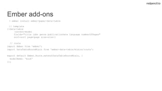 redpencil.io
Ember add-ons
> ember install ember-paper-data-table
// template
{{data-table
content=model
fields="title isbn genre publicationDate language numberOfPages"
sort=sort page=page size=size}}
// route
import Ember from 'ember';
import DataTableRouteMixin from 'ember-data-table/mixins/route';
export default Ember.Route.extend(DataTableRouteMixin, {
modelName: 'book'
});
 