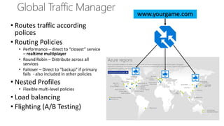 • Routes traffic according
polices
• Routing Policies
• Performance – direct to “closest” service
– realtime multiplayer
• Round Robin – Distribute across all
services
• Failover – Direct to “backup” if primary
fails - also included in other policies
• Nested Profiles
• Flexible multi-level policies
• Load balancing
• Flighting (A/B Testing)
www.yourgame.com
 