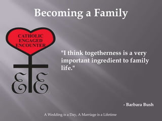Becoming a Family


           "I think togetherness is a very
           important ingredient to family
           life."




                                                - Barbara Bush

 A Wedding is a Day, A Marriage is a Lifetime
 