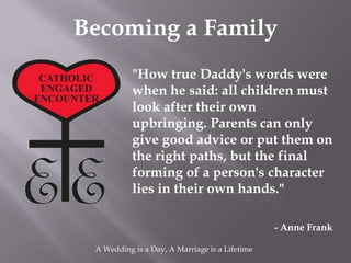 Becoming a Family
           "How true Daddy's words were
           when he said: all children must
           look after their own
           upbringing. Parents can only
           give good advice or put them on
           the right paths, but the final
           forming of a person's character
           lies in their own hands."

                                                - Anne Frank

 A Wedding is a Day, A Marriage is a Lifetime
 