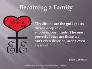 Becoming a Family

           "Traditions are the guideposts
           driven deep in our
           subconscious minds. The most
           powerful ones are those we
           can't even describe, aren't even
           aware of."


                                                - Ellen Goodman

 A Wedding is a Day, A Marriage is a Lifetime
 