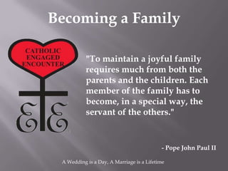 Becoming a Family

           "To maintain a joyful family
           requires much from both the
           parents and the children. Each
           member of the family has to
           become, in a special way, the
           servant of the others."


                                           - Pope John Paul II

 A Wedding is a Day, A Marriage is a Lifetime
 
