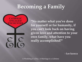 Becoming a Family

           "No matter what you've done
           for yourself or for humanity, if
           you can't look back on having
           given love and attention to your
           own family, what have you
           really accomplished?"


                                                - Lee Iacocca

 A Wedding is a Day, A Marriage is a Lifetime
 