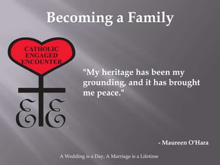 Becoming a Family


           "My heritage has been my
           grounding, and it has brought
           me peace."




                                            - Maureen O'Hara

 A Wedding is a Day, A Marriage is a Lifetime
 