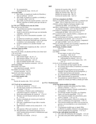 117
    5    Su consumación:                                               Sustento de nuestra vida Jn 6.51
         Supremacía de Cristo Ef 3.9, 10                               Solaz de nuestra vida Heb 13.5
1010 Que nadie                                                         Objeto de nuestra vida Flp 1.21
     1 Que nadie os engañe por medio de filosofías y                   Modelo de nuestra vida Flp 2.5
         huecas sutilezas Col 2.8                                      Corona de nuestra vida 1 Jn 3.2
     2 Que nadie os juzgue en comida o en bebida, o                                                                       S.E.R.
         en cuando a días Col 2.16                                 1015 Los compañeros de Pablo
     3 Que nadie os prive de vuestro premio Col 2.18               TÍQUICO: un gentil, asiático, fiel ministro y consiervo de
         (Privar, sobornar al árbitro para que decida en               Pablo Col 4.7; Hch 20.4; Tit 3.12; 2 Ti 4.12
              contra)                                              ONÉSIMO, esclavo fugitivo: hermano amado e hijo
[p 170] 1011 Triunfos de la cruz de Cristo                             espiritual de Pablo Col 4.9; Flm 10
Dios, por la cruz de Cristo:                                       ARISTARCO, tesalonicense y cristiano hebreo: compañero
     1 Nos perdonó de nuestras iniquidades cuando                      de prisiones de Pablo Col 4.10; Hch 20.4; 27.2
         creímos Col 2.13                                          JUAN MARCOS, ciudadano de Jerusalén: El consiervo
     2 Anuló el acta de los decretos que nos declaraba                 restaurado de Pablo Col 4.10; 2 Ti 4.11
         culpables Col 2.14                                        JESÚS, LLAMADO JUSTO: creyente hebreo, compañero de
     3 Clavó en la cruz el documento acusador Col                      labores de Pablo Col 4.11
         2.14                                                      EPAFRAS: un hermano de Colosas, consiervo de Pablo y
     4 Lo quitó de en medio por completo Col 2.14                      persistente en la oración Col 1.7, 8; 4.12
     5 Despojó a las fuerzas infernales que se oponían             LUCAS, un gentil creyente, el médico amado, compañero
         a nosotros y nos amenazaban Col 2.15                          de viajes de Pablo Col 4.14; 2 Ti 4.11
     6 Las llevó cautivas en su desfile triunfal Col               DEMAS, un gentil creyente: por un tiempo compañero de
         2.15                                                          labores de Pablo Col 4.14; 2 Ti 4.10
     7 Las exhibió para vergüenza de ellas Col 2.15                1016 Lucas, el médico amado
1012 Las cosas de arriba                                                     Col 4.14
         Col 3.1–4                                                 «Lucas está conmigo» 2 Ti 4.11
Las cosas de arriba: a la diestra de Dios Con Cristo (Col          Con Pablo:
1.5): en el cielo                                                            En sus viajes, se unió a él en Troas,
Este es el lugar en donde                                                         «nosotros» Hch 16.10
     1 Está nuestro hogar Jn 14.1–3                                          En sus problemas, vino después de su
     2 Está nuestra Cabeza Ef 1.21–23                                             enfermedad en Galacia Gl 4.13
     3 Está nuestra esperanza Col 1.5                                        En su triunfo, estuvo con él hasta el fin 2 Ti
     4 Está escondida nuestra vida Col 3.3                                        4.6, 11
     5 Deben estar nuestros corazones Col 3.2                      LUCAS, EL AUTOR: griego, gentil convertido
1013 Con Cristo                                                        1 Su conversión, no hay registro de ella
Resucitado con Cristo:                                                 2 Su cortesía, hacia todos; se mantiene a sí mismo
     una experiencia pasada Col 3.1                                          en el trasfondo
Escondido con Cristo en Dios:                                          3 Su cultura, el Evangelio de Lucas ha sido
     un gozo presente Col 3.3                                                llamado «el más literario de los Evangelios», y
Aparecer con Cristo en gloria:                                               «el libro más hermoso del mundo»
     un éxtasis futuro Col 3.4                                         4 Su compañerismo, probablemente recibió de
1014 Cristo nuestra vida                                                     Pablo material para su narración
         Col 3.4                                                       5 Su constancia, cuando Demas se fue, Lucas se
Él es:                                                                       quedó; fue amado por Pablo y amado por todos
     Fuente de nuestra vida Ef 2.1; Gl 2.20
                                                   [p 171] 1 Tesalonicenses
1017 La fe de los tesalonicenses                                   1018 Una iglesia modelo: En triples
     1 La obra de vuestra fe 1 Ts 1.3                                  1 Pastores modelos del rebaño de Dios: Pablo,
     2 En todo lugar vuestra fe en Dios se ha                                Silvano y Timoteo 1 Ts 1.1
         extendido 1 Ts 1.8                                            2 Un ministerio modelo: Orando, predicando y
     3 Y enviamos a Timoteo: para confirmaros y                              perseguidos 1 Ts 1.2, 5; 2.2
         exhortaros respecto a vuestra fe 1 Ts 3.2                     3 Un mensaje modelo: En poder, en el Espíritu
     4 Envié para informarme de vuestra fe 1 Ts 3.5                          Santo, con mucha seguridad 1 Ts 1.5
     5 Timoteo: nos dio buenas noticias de vuestra                     4 Una respuesta modelo: Os convertisteis, para
         fe 1 Ts 3.6                                                         servir, y esperar 1 Ts 1.9, 10
     6 Fuimos consolados de vosotros por medio de                      5 Una actividad modelo: Obra de fe, trabajo de
         vuestra fe 1 Ts 3.7                                                 amor, y constancia en la esperanza 1 Ts 1.3
     7 Para que: completemos lo que falte a vuestra                    6 Una oración modelo por ellos: Con acciones de
         fe 1 Ts 3.10                                                        gracias, con recordación y con conocimiento 1
     8 Habiéndonos vestido con la coraza de fe 1 Ts                          Ts 1.2–4
         5.8                                                           7 Un programa modelo que se siguió: Ellos
     9 Dar gracias a Dios: por vuestra fe 2 Ts 1.3                           recibieron la palabra, imitaron a los apóstoles y
     10 Nos gloriamos: por vuestra paciencia y fe en                         fueron ejemplo de los creyentes 1 Ts 1.6, 7
         todas vuestras persecuciones y tribulaciones que          1019 Lo que cada iglesia local debe ser
         soportáis 2 Ts 1.4                                            1 Un centro de testimonio del evangelio 1 Ts 1.8
         «PERO FIEL ES EL SEÑOR» 2 Ts 3.3                              2 Una sala cuna para bebés espirituales 1 Ts 2.7,
                                                       J.SN.                 8
 