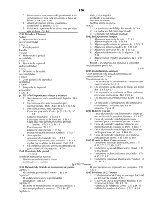 120
    3     Intercesiones: una manera de aproximarse a un                visto por los ángeles
          gobernante con una petición, orando a favor de               predicado a las naciones
          otros 1 Ti 4.5; Ro 8.26                                      creído en el mundo
     4 Acción de gracias: griego, «eucaristía»,                        recibido arriba en gloria
          expresiones de gratitud Ef 5.4                          INDICA:
     5 Peticiones: expresión de un deseo, orar por algo                1 La manifestación del Hijo Encarnado de Dios
          que se desea Flp 4.6                                         2 La mediación del Cristo crucificado
1039 Piedad en 1 Timoteo                                               3 El misterio del Salvador exaltado
Piedad:                                                           1042 En los postreros tiempos
1 Profesión de la piedad:                                              1 Algunos se apartarán de la fe 1 Ti 4.1
su responsabilidad                                                     2 Algunos negarán la fe 1 Ti 5.8
1 Ti 2.10                                                              3 Algunos quebrantarán su primera fe 1 Ti 5.12
2 Vida de piedad:                                                      4 Algunos se extraviarán de la fe 1 Ti 6.10
deseable                                                               5 Algunos se desviarán de la fe 1 Ti 6.21
1 Ti 2.2                                                               6 Algunos trastornarán la fe de algunos 2 Ti
3 Misterio de la piedad:                                                    2.18
su visibilidad                                                         7 Algunos serán réprobos en cuanto a la fe 2 Ti
1 Ti 3.16                                                                   3.8
4 Ejercicio de la piedad:                                              En Jud 3, se exhorta a los cristianos a contender
su disponibilidad                                                 «ardientemente por la fe».
1 Ti 4.7                                                                                                               J.M.H.
5 Doctrina de la piedad:                                          1043 Contentamiento cristiano
su confiabilidad                                                  «Gran ganancia es la piedad acompañada de
1 Ti 6.3                                                          contentamiento» 1 Ti 6.6.
6 Gran ganancia de la piedad:                                     El contentamiento es:
su utilidad                                                            1 Una evidencia de la conversión: contentaos con
1 Ti 6.6                                                                    vuestro salario Lc 3.14
7 Búsqueda de la piedad:                                               2 Una expulsión de la codicia: Te ruego que tomes
aconsejable                                                                 dos 2 R 5.20–27
1 Ti 6.11                                                              3 Una expresión de confianza en Dios: contentos
[p 175] 1040 Supervisores: obispos y ancianos                               con lo que tenéis ahora Heb 13.5, 6
     1 Su ordenación: en la asamblea del Espíritu Hch                  4 Una muestra de compañerismo: Yo iré 2 R 6.2,
          20.28                                                             3
     2 Su confirmación: ante la asamblea por                           5 La esencia de la consagración: He aprendido a
          reconocimiento Hch 14.23; Tit 1.5; 1 Ts 5.12                      contentarme, cualquiera que sea mi
     3 Sus calificaciones, para supervisar:                                 situación Flp 4.11
          Devoción personal a Cristo Jn 21.15–17; 1 P             1044 El dinero y su uso
               5.1                                                     1 Desde el punto de vista del mundo el dinero es
          Carácter intachable 1 Ti 3.2–5                                    una medida de la grandeza humana 1 Ti 6.17
          Deseo que emana de la devoción 1 Ti 3.1                      2 Desde el punto de vista del pastor es una
          Capacidad para gobernar bien sus propias                          amenaza para la verdadera piedad 1 Ti 6.9
               familias 1 Ti 3.4, 5; Tit 1.6                           3 Desde el punto de vista del cristiano es una
          Doctrina sana Tit 1.9                                             manifestación de la gracia de Dios 1 Ti 6.17
          Madurez y experiencia 1 Ti 3.6                               4 Desde el punto de vista del que lo recibe es un
          Buena reputación entre los hombres 1 Ti 3.7                       medio para hacer el bien 1 Ti 6.18
     4 Su ocupación:                                                   5 Desde el punto de vista divino es el material
          apacentar el rebaño de Dios 1 P 5.2                               para ganancia eterna 1 Ti 6.19; Lc 16.9
          asumir la supervisión de la asamblea 1 P. 5.2           1045 El varón de Dios: Cuatro retratos
          vigilar por las almas de los santos Heb 13.7                 1 Un hombre huyendo (Ilustración, José) 1 Ti
     5 Su compensación: una corona incorruptible de                         6.11; 2 Ti 2.22; Gn 39.12
          gloria cuando Cristo regrese 1 P 5.4                         2 Un hombre siguiendo (Ilustración, Eliseo) 1 Ti
1041 El misterio de la piedad                                               6.11; 2 R 2.6
          1 Ti 3.16                                                    3 Un hombre luchando (Ilustración, Pablo) 1 Ti
Se indican seis grandes hechos:                                             6.12; 2 Ti 4.7
     Dios fue manifestado en la carne                                  4 Un hombre preparado (Ilustración, Timoteo) 2
     justificado en el espíritu                                             Ti 3.16, 17
                                                     [p 176] 2 Timoteo
1046 El cuadro de Pablo de un monumento de guerra                      El guerrero veterano repasando sus campañas 2 Ti
Capítulo 1:                                                            4.6, 7
     El centinela guardando el tesoro 2 Ti 1.14                   1047 Divisiones de 2 Timoteo
Capítulo 2:                                                            1 El administrador de Dios y su encargo: Fidelidad
     El soldado en el campo soportando las                                  en defender la verdad 2 Ti 1
     penalidades 2 Ti 2.3                                              2 El siervo de Dios y sus pruebas: Fidelidad a los
Capítulo 3:                                                                 reclamos de Cristo 2 Ti 2.1–13
     El cadete en entrenamiento en la escuela militar, y                    Fidelidad a la Palabra de Cristo 2 Ti 2.14–17
     siendo equipado en la armería 2 Ti 3.14–17                             Fidelidad al nombre de Cristo 2 Ti 2.18–26
Capítulo 4:
 