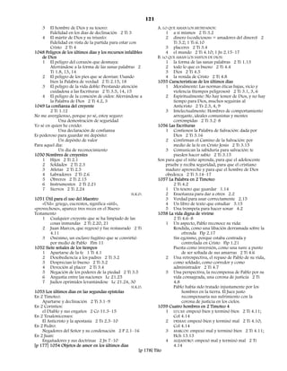 121
    3   El hombre de Dios y su tesoro:                             A. LO QUE AMAN LOS MUNDANOS:
        Fidelidad en los días de declinación 2 Ti 3                     1 a sí mismos 2 Ti 3.2
    4 El mártir de Dios y su triunfo:                                   2 dinero («codiciosos» = amadores del dinero) 2
        Fidelidad en vista de la partida para estar con                     Ti 3.2; 1 Ti 6.10
        Cristo 2 Ti 4                                                   3 placeres 2 Ti 3.4
1048 Peligros de los últimos días y los recursos infalibles             4 el mundo 2 Ti 4.10; 1 Jn 2.15–17
    de Dios                                                        B. LO QUE AMAN LOS SANTOS DE DIOS:
    1 El peligro del corazón que desmaya:                               1 la forma de las sanas palabras 2 Ti 1.13
        Aferrándose a la forma de las sanas palabras 2                  2 todo lo que es bueno 2 Ti 4.4
        Ti 1.8, 13, 14                                                  3 Dios 2 Ti 4.5
    2 El peligro de los pies que se desvían: Usando                     4 la venida de Cristo 2 Ti 4.8
        bien la Palabra de verdad 2 Ti 2.15, 18                    1055 Características de los últimos días
    3 El peligro de la vida doble: Prestando atención                   1 Moralmente: Las normas éticas bajas, vicio y
        cuidadosa a las Escrituras 2 Ti 3.5, 14, 15                         violencia (tiempos peligrosos) 2 Ti 3.1, 3, 6
    4 El peligro de la comezón de oídos: Aferrándose a                  2 Espiritualmente: No hay temor de Dios, y no hay
        la Palabra de Dios 2 Ti 4.2, 3                                      tiempo para Dios, muchos seguirán al
1049 La confianza del creyente                                              Anticristo 2 Ts 2.3, 4, 9
        2 Ti 1.12                                                       3 Intelectualmente: Hombres de comportamiento
No me avergüenzo, porque yo sé, estoy seguro:                               arrogante, ideales comunistas y mentes
             Una demostración de seguridad                                  corrompidas 2 Ti 3.2–8
Yo sé en quien he creído:                                          1056 Las Escrituras
             Una declaración de confianza                               1 Contienen la Palabra de Salvación: dada por
Es poderoso para guardar mi depósito:                                       Dios 2 Ti 3.16
             Un depósito de valor                                       2 Confirman el Camino de la Salvación: por
Para aquel día:                                                             medio de la fe en Cristo Jesús 2 Ti 3.15
             Un día de reconocimiento                                   3 Comunican la sabiduría para salvación: te
1050 Nombres de creyentes                                                   pueden hacer sabio 2 Ti 3.15
    1 Hijos 2 Ti 2.1                                               Son para que el niño aprenda, para que el adolescente
    2 Soldados 2 Ti 2.3                                                 pruebe y reciba seguridad, para que el cristiano
    3 Atletas 2 Ti 2.5                                                  maduro aproveche y para que el hombre de Dios
    4 Labradores 2 Ti 2.6                                               obedezca 2 Ti 3.14–17
    5 Obreros 2 Ti 2.15                                            1057 La Palabra en 2 Timoteo
    6 Instrumentos 2 Ti 2.21                                                2 Ti 4.2
    7 Siervos 2 Ti 2.24                                                 1 Un tesoro que guardar 1.14
                                                     H.K.D.             2 Enseñanza para dar a otros 2.2
1051 Útil para el uso del Maestro                                       3 Verdad para usar correctamente 2.15
    «Útil»: griego, eucrestos, significa «útil»,                        4 Un libro de texto que estudiar 3.15
«provechoso», aparece tres veces en el Nuevo                            5 Una trompeta para hacer sonar 4.2
Testamento                                                         1058 La vida digna de vivirse
    1 Cualquier creyente que se ha limpiado de las                          2 Ti 4.6–8
        cosas inmundas 2 Ti 2.20, 21                                    1 Un aspecto, Pablo reconoce su vida:
    2 Juan Marcos, que regresó y fue restaurado 2 Ti                        Rendida, como una libación derramada sobre la
        4.11                                                                     ofrenda Flp 2.17
    3 Onésimo, un esclavo fugitivo que se convirtió                         Sin egoísmo, porque estaba centrada y
        por medio de Pablo Flm 11                                                controlada en Cristo Flp 1.21
1052 Siete señales de los tiempos                                           Puesta como inversión, como una nave a punto
    1 Apartarse de la fe 1 Ti 4.1                                                de ser soltada de sus amarras 2 Ti 4.6
    2 Desobediencia a los padres 2 Ti 3.2                               2 Una retrospectiva, el repaso de Pablo de su vida,
    3 Desprecian lo bueno 2 Ti 3.2                                          como soldado, como corredor y como
    4 Devoción al placer 2 Ti 3.4                                           administrador 2 Ti 4.7
    5 Negación de los poderes de la piedad 2 Ti 3.5                     3 Una perspectiva, la recompensa de Pablo por su
    6 Angustia entre las naciones Lc 21.25                                  vida consagrada, una corona de justicia 2 Ti
    7 Judíos oprimidos levantándose Lc 21.24, 30                            4.8
                                                     H.K.D.                 Pablo había sido tratado injustamente por los
1053 Los últimos días en las segundas epístolas                                  hombres en la tierra. El Juez justo
En 2 Timoteo:                                                                    recompensaría sus sufrimiento con la
    Apartarse y declinación 2 Ti 3.1–9                                           corona de justicia en los cielos.
En 2 Corintios:                                                    1059 Cuatro hombres en 2 Timoteo 4
    el Diablo y sus engaños 2 Co 11.3–15                                1 LUCAS: empezó bien y terminó bien 2 Ti 4.11;
En 2 Tesalonicenses:                                                        Col 4.14
    El Anticristo y la apostasía 2 Ts 2.3–10                            2 DEMAS: empezó bien y terminó mal 2 Ti 4.10;
En 2 Pedro:                                                                 Col 4.14
    Negadores del Señor y su condenación 2 P 2.1–16                     3 MARCOS: empezó mal y terminó bien 2 Ti 4.11;
En 2 Juan:                                                                  Hch 13.13
    Engañadores y sus doctrinas 2 Jn 7–10                               4 ALEJANDRO: empezó mal y terminó mal 2 Ti
[p 177] 1054 Objetos de amor en los últimos días                            4.14
                                                         [p 178] Tito
 