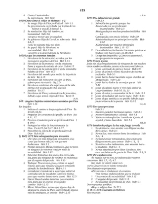 123
    4   Como el sustentador:                                                                                            F.E.M.
        Su supremacía Heb 12.2                                     1073 Una salvación tan grande
1069 Cristo como el «Hijo» en Hebreos 1 y 2                                  Heb 2.3
    1 Su rango: Hijo de Dios, su Deidad Heb 1.1                        1 Salvación tan grande: porque fue
        Su preeminencia es probada por 6 citas de los                        Anunciada por un predicador
             Salmos y una de 2 Samuel 7.                                          incomparable Heb 2.3
    2 Su revelación: Hijo del hombre, su                                     Atestiguada por muchas pruebas infalibles Heb
        humanidad Heb 2.6                                                         2.4
        «un poco menor que los ángeles»                                      Conseguida a un precio infinito Heb 2.9
    3 Su gobierno: Hijo de David, su soberanía Heb                           Administrada por un príncipe invencible Heb
        2.8, 9                                                                    2.10
        «todo lo sujetaste bajo sus pies»                                    Acompañada por muchos privilegios
    4 Su papel: Hijo de Abraham, su                                               inestimables Heb 2.11–15
        nacionalidad Heb 2.16                                          2 Descuidada tan fácilmente: La misma palabra se
        «socorrió a la descendencia de Abraham»                              traduce «sin hacer caso» en Mt 22.5
1070 Lo que los creyentes heredan                                      3 Escape tan imposible: «¿Cómo escaparemos?,
    1 Herederos de la salvación: servidos por los                            una pregunta sin respuesta.
        mensajeros angélicos de Dios Heb 1.14                      1074 Vemos a Jesús
    2 Herederos de la promesa: con la esperanza                    Jesús: sin el acompañamiento de ninguno de sus muchos
        firme y segura de entrada al cielo Heb 6.17                otros nombres o títulos, ocurre ocho veces en Hebreos.
    3 Herederos de la justicia: por fe en la inmutable                 1 Jesús: coronado de gloria y honor Heb 2.9
        Palabra de Dios Heb 11.7                                       2 Jesús: el apóstol y Sumo Sacerdote de nuestra
    4 Herederos del mundo: por medio de la justicia                          profesión Heb 3.1
        de la fe Ro 4.13                                               3 Jesús: hecho Sumo Sacerdote según el orden de
    5 Herederos del reino: por elección de Dios,                             Melquisedec Heb 6.20
        pobres pero ricos en fe Stg 2.5                                4 Jesús: hecho fiador de un mejor pacto Heb
    6 Herederos conforme a la esperanza de la vida                           7.22
        eterna: por la gracia de Dios que nos                          5 Jesús: el camino nuevo y vivo para entrar al
        justifica Tit 3.7                                                    Lugar Santísimo Heb 10.19, 20
    7 Herederos de Dios y coherederos de Jesucristo,                   6 Jesús: el autor y consumador de la fe Heb 12.2
        debido a que somos «hijos de Dios» Ro 8.17                     7 Jesús: el mediador del nuevo pacto Heb 12.24
                                                    JS.FS.             8 Jesús: el que santifica a su pueblo debido a que
1071 Ángeles: Espíritus ministradores enviados por Dios                      padeció fuera de la puerta Heb 13.12
        Heb 1.14                                                                                                        R.A.H.
Los ángeles:                                                       1075 Tres cosas preciosas
    1 Indican el camino a los peregrinos de Dios Éx                          Heb 3.1
        23.20; 32.34                                                   1 Nuestro carácter: hermanos santos Heb 3.1
    2 Preparan los corazones del pueblo de Dios Jue                    2 Nuestro llamamiento: celestial Heb 3.1
        6.11, 12                                                       3 Nuestra contemplación: considerar a Jesús, el
    3 Proveen el sustento para los profetas de Dios 1                        apóstol y Sumo Sacerdote Heb 3.1
        R 19.5                                                                                                          H.K.D.
    4 Protegen las vidas de los prisioneros de                     1076 Señales de peligro: La luz roja, luego la verde
        Dios Dn 6.22; Sal 34.7; Hch 12.7                               1 No deslizarse, sino atender con diligencia a las
    5 Prescriben la esfera de los predicadores de                            direcciones Heb 2.1
        Dios Hch 8.26                                                  2 No vacilar, sino retener firme la confianza Heb
[p 180] 1072 Siete salvaguardas para los santos                              3.6, 14
    1 Oír: Que con más diligencia atendamos a las                      3 No remolonear retrasándose, sino esforzarse
        cosas que hemos oído, NO SEA que nos                                 diligentemente para entrar Heb 4.11, 12
        deslicemos Heb 2.1                                             4 No volver a los rudimentos, sino avanzar hacia
    2 Prestar atención: Mirad, hermanos, que NO HAYA                         la madurez Heb 6.1–3
        en ninguno de vosotros corazón malo de                         5 No ser arrastrados por falsas doctrinas, sino
        incredulidad Heb 3.12                                                estar anclados en la gracia de Dios Heb 13.8, 9
    3 Exhortar: Exhortaos los unos a los otros cada                1077 Oír o endurecerse
        día, para que ninguno de vosotros se endurezca                 «Si oyereis hoy su voz, no endurezcáis vuestros
        por el engaño del pecado Heb 3.13                          corazones» Heb 3.7, 15; 4.7
    4 Trabajar: Procuremos, pues, entrar en aquel                      TRES VECES EN VEINTE VERSÍCULOS
        reposo, para que ninguno caiga en semejante                «HOY» Cinco veces en veinte versículos
        ejemplo de desobediencia Heb 4.11                          Dos alternativas propuestas:
    5 Considerar: Considerad a aquel que sufrió tal                     «Oír su voz» o «Endurecer el corazón»
        contradicción de pecadores contra sí mismo,                         Tres fuerzas endurecedoras que se indican
        para que vuestro ánimo no se canse Heb 12.3                     1 Un corazón de incredulidad Heb 3.12
    6 Hacer: Haced sendas derechas para vuestros                        2 El engaño del pecado Heb 3.13
        pies, para que lo cojo no se salga del                          3 No alcanzar las promesas de Dios Heb 4.1
        camino Heb 12.13                                           Dos respuestas posibles:
    7 Mirar: Mirad bien, no sea que alguno deje de                      «Hoy» o «algún día» Pr 27.1
        alcanzar la gracia de Dios; que brotando alguna            [p 181] 1078 El corazón en Hebreos
        raíz de amargura, os estorbe Heb 12.15                     Siete marcas:
 