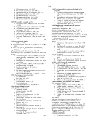 124
    1    El corazón errante Heb 3.10                                  1083 Tres figuras del crecimiento limitado en los
    2    En corazón endurecido Heb 3.8–15                                  creyentes
    3    El corazón malo de incredulidad Heb 3.12                          1 El infante: todavía en leche, cuando debería
    4    El corazón que discierne Heb 4.12                                      haberse desarrollado y crecido Heb 5.13; 1 P.
    5    El corazón sincero Heb 10.22                                           2.1, 2
    6    El corazón purificado Heb 10.22                                   2 El estudiante: todavía en el alfabeto cuando
    7    El corazón establecido Heb 13.9                                        debería ser ya un maestro Heb 5.12
                                                         T.B.              3 El edificio: todavía en la etapa del cimiento,
1079 El Sacerdote escogido de Dios                                              cuando ya debería haberse levantado la
     1 Su persona: Jesús, el Hijo de Dios Heb 4.14,                             superestructura Heb 6.1, 2
         15; 5.5                                                      1084 La esperanza puesta delante de nosotros
     2 Su preparación: por el sufrimiento Heb 5.8                               Heb 6.18
     3 Su propósito como Sacerdote: ofrecer                           Es una «mejor esperanza» Heb 7.19
         sacrificios Heb 5.1                                          Es una «esperanza bienanventurada» Tit 2.13
     4 Su pueblo: los redimidos Heb 6.20                              Es una esperanza colocada en los cielos Col 1.5
     5 Su lugar: el cielo mismo Heb 9.24                              Es una «esperanza firme y segura» Heb 6.19
     6 Su modelo y orden: de Melquisedec Heb 5.10                     ABRAHAM: creyó en esperanza contra esperanza Ro 4.18
     7 Su poder: todopoderoso, capaz de salvar Heb                    SALOMÓN dijo: la esperanza que se demora es tormento
         7.25                                                              del corazón Pr 13.12
                                                       JS.FS.         DAVID dijo: Espera en Dios Sal 42.5, 11
1080 El trono de la gracia                                            Nótese:
         Heb 4.14–16                                                       1 El propósito de la esperanza: un refugio Heb
El propiciatorio en la tierra Sal 85.10; Éx. 25.21, 22; Ro                      6.18
     3.25                                                                  2 El poder de la esperanza: un ancla Heb 6.19
El trono de la gracia: ¿Dónde? En el cielo Sal 11.4;                       3 El lugar de la esperanza: un santuario Heb
     103.19                                                                     6.19
¿Por cuánto tiempo?: Para siempre Heb 1.8                                  4 La persona quien es nuestra esperanza: Jesús,
Cinco razones para intrepidez al acercarse al trono de la                       nuestro Sumo Sacerdote Heb 6.20
gracia:                                                               NUESTRA ESPERANZA:
     1 Tenemos un gran Sumo Sacerdote: que puede                           1 Se basa en una solemne confirmación Heb
         salvar, socorrer, comprender Heb 7.25, 26;                             6.16
         2.17, 18; 4.15                                                    2 Trae una consolación fuerte Heb 6.18
     2 Él traspasó los cielos hasta el mismo Cielo Heb                     3 Establece una comunicación segura Heb 6.20
         4.14; 9.24                                                   [p 182] 1085 El orden de Melquisedec
     3 Él es Jesús el Hijo de Dios, verdadero hombre y                Como Melquisedec, Jesús:
         verdadero Dios Heb 4.14                                           1 Fue ordenado por Dios Heb 6.20
     4 Puede compadecerse de nuestras                                      2 Es Sacerdote del Dios Altísimo Gn 14.18–20
         debilidades Heb 4.15                                              3 Es Rey de justicia y de paz Heb 7.2; 1.8; Is 9.6
     5 Ha sido tentado como nosotros lo somos, pero                        4 Es sacerdote sin primogenitura o linaje Heb
         sin pecado Heb 4.15                                                    7.3
         (NO HIZO PECADO 1 Jn 3.5; 2 Co 5.21; 1 P 2.22)                    5 Inauguró su sacerdocio por un acto de
1081 Nuestro gran Sumo Sacerdote                                                bendición Lc 24.50; Heb 7.6
     1 Su ordenación:                                                      6 Recibe homenaje y diezmos de los escogidos de
         Por Dios Heb 5.5, 6                                                    Dios Lc 24.51; Heb 7.8
     2 Su obediencia:                                                      7 Retiene su oficio a perpetuidad Heb 7.15, 16
         como Hombre Heb 5.8, 9                                       1086 Consideren qué grande es este Hombre
     3 Su omnipotencia:                                               Más grande que Aarón:
         como Sumo Sacerdote Heb 4.14–16                                   1 Porque Abraham le dio diezmos Heb 7.4
1082 Siete realidades eternas                                              2 Porque bendijo a Abraham Heb 7.6, 7
en la Epístola a los Hebreos                                               3 Porque Abraham está muerto, y Él tiene una
     1 Salvación eterna:                                                        vida sin fin Heb 7.16
         Cristo, el Autor Heb 5.9                                          4 Debido al juramento de Dios confiriéndole el
     2 Juicio eterno:                                                           sacerdocio Heb 7.21
         una doctrina fundamental Heb 6.2                                  5 Debido a su sacrificio único y completo Heb
     3 Redención eterna:                                                        7.27
         obtenida por la sangre de Cristo Heb 9.12                    Pero nótese:
     4 Espíritu eterno:                                               Mientras que en estos aspectos nuestro Señor es
         por medio del cual Cristo se ofreció a sí                    identificado con Melquisedec, la aparición de
         mismo Heb 9.14                                               Melquisedec a Abraham en Gn 14 no fue una
     5 Herencia eterna:                                               cristofanía, ni tampoco Melquisedec fue un ángel del
         prometida para los llamados Heb 9.15                         cielo, sino un hombre, y como hombre fue un tipo de
     6 Pacto eterno:                                                  Cristo, «hecho semejante al Hijo de Dios» (Heb 7.3)
         ratificado, por la sangre de Cristo Heb 13.20                Quien «a semejanza de Melquisedec se levanta un
     7 Perfección eterna:                                             sacerdote distinto» (Heb 7.15)
         en el Hijo de Dios, nuestro Sumo                             1087 Dios ha jurado
         Sacerdote Heb 7.28                                           acerca de estas cosas:
                                                      J.H.E.               1 El sacerdocio de Cristo Heb 7.21
 