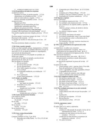 130
     4 SACRIFICIOS ESPIRITUALES Y SU COSTO                              2    Compradas por el Buen Pastor Jn 10.10; Hch.
1134 El sacerdocio de todos los creyentes                                    20.28
SACERDOCIO SANTO:                                                        3 Cuidadas por el Pastor Obispo 1 P 2.25
     Fundado en Cristo, la piedra angular 1 P 2.6                        4 Traídas a casa por el Pastor Contento Lc. 15.5
     Alimentarse en la Palabra de Dios 1 P 2.2                           5 Enseñadas por el pastor subalterno 1 P 5.2
     Libre de toda malicia y engaño 1 P 2.1                         1140 Esposas y esposos
     Proveer ofrendas aceptables a Dios 1 P 2.5                     ESPOSAS CRISTIANAS:
SACERDOCIO REAL:                                                         1 Su conducta: manera de vivir 1 P 3.1
     Elegidos por Dios                                                   2 Su castidad: casta manera de vivir 1 P 3.2
     Llamados a la luz maravillosa de Dios                               3 Sus cosméticos: un espíritu afable y apacible 1
     Santificados: apartados para Dios                                       P 3.3, 4
     Mostrar las gracias de Cristo 1 P 2.9                                   (Adorno, griego: cosmeo, de donde se deriva
1135 Una persona preciosa y cosas preciosas                                       «cosmético»)
ÉL MISMO: «Él es precioso» (o la preciosidad) 1 P 2.7                    4 Su carácter: mujeres santas 1 P 3.5
Una piedra angular preciosa: elegida, preciosa 1 P 2.4–             ESPOSOS CRISTIANOS:
     6                                                                   1 Su cortesía: dar honor a la mujer
Preciosa sangre: la preciosa sangre de Cristo 1 P 1.19                   2 Su actitud considerada: como a vaso más frágil
Preciosa fe: del creyente 1 P 1.1                                        3 Su concordancia: como a coherederas de la
La prueba de vuestra fe: más preciosa que el oro 1 P                         gracia de la vida
     1.7                                                                 4 Su comunión: para que vuestras oraciones no
Preciosas promesas: dadas a nosotros 2 P 1.4                                 tenga estorbo 1 P 3.7
                                                     E.A.H.         [p 190] 1141 Coherederas de la gracia de la vida
1136 Cristo, nuestro ejemplo                                                 1 P 3.7
Cristo, nos dejó ejemplo, griego: «jupogramos», el titular          «COHEREDERAS»: si ambos son creyentes
de la copia de un libro, una palabra diferente a la que se               Peregrinos juntamente a la gloria Heb 11.9
usa en Jn 13.15, en donde la palabra es «jupodigma»,                     Coherederos de las riquezas de Cristo Ro 8.17
una lección de demostración.                                             Miembros juntamente de la Iglesia de Dios Ef 3.6
AL CREYENTE INDIVIDUAL le ha dejado un ejemplo, un                  Esta asociación marital es:
titular que copiar:                                                      una asociación física: una carne Mt 19.4, 5
A LA IGLESIA le ha dado un ejemplo, una lección de                       una asociación económica: ayuda idónea para
demostración de amor, Jn 13.15                                               Él Gn 2.18
Nos ha dejado un ejemplo:                                                un asociación espiritual: la gracia de la vida 1 P
     1 En sus acciones:                                                      3.7
          El cual no hizo pecado 1 P 2.22                           La gracia de la vida:
     2 En sus afirmaciones:                                              1 Gracia griego: caris = gracias, favor. Una vida
          Ni se halló engaño en su boca 1 P 2.22                             llena de gratitud por el favor divino:
     3 En su actitud:                                                    2 Caris = agradable, una vida agradable al Señor
          no respondía maldición, no retaliación 1 P                         y agradable del uno al otro
              2.23                                                       3 Caris = gracia de carácter, una vida que
     4 En su apelación:                                                      expresa la belleza del carácter de Cristo
          al que juzga justamente 1 P 2.23                          1142 Cinco negativos respecto al mal
1137 Cristo y su pueblo                                                  1 No devolver mal por mal 1 P 3.9
     1 El hombre en la tierra:                                           2 No hablar mal ni engaño 1 P 3.10
          su ejemplo:                                                    3 No seguir el mal sino la paz 1 P 3.11
              que sigáis sus pisadas 1 P 2.21                            4 No hacer el mal sino el bien 1 P 3.12
     2 El hombre en la cruz:                                             5 No sufrir por hacer el mal sino por hacer el
          su expiación:                                                      bien 1 P 3.17
              sanados por sus heridas 1 P 2.24                      1143 Tres verdades preciosas en un solo versículo
     3 El hombre en el trono:                                            1 Propiciación:
          su exaltación:                                                     Cristo padeció una sola vez por los pecados 1 P
              fortalecidos por su fuerza 1 P 2.25                            3.18
1138 Cuatro declaraciones benditas                                       2 Sustitución:
Con respecto a Jesús                                                         El justo por los injustos 1 P 3.18
En su naturaleza:                                                        3 Reconciliación:
     sin pecado 1 P 2.22                                                     para llevarnos a Dios 1 P 3.18
En su vida:                                                                                                                H.D.
     sin culpa 1 P 2.23                                             1144 Fe, esperanza y amor
En su muerte:                                                                1P4
     vicaria 1 P 2.24                                               El orden aquí es fe, amor y esperanza.
En su resurrección:                                                      1 Una fe viva:
     victorioso 1 P 2.25                                                     condena la vida pasada de pecado a la luz de los
                                                       T.B.                       sufrimientos de Cristo 1 P 4.1–3
1139 Como ovejas descarriadas                                                considera la vida futura a la luz del juicio
          1 P 2.25                                                                venidero 1 P 4.5, 6
Compare también Is 53.6, 7; Jer 50.6                                         condiciona la vida presente en términos de
     1 Buscadas por el Rey Pastor Lc 15.4; 19.10; Sal                             vigilancia y oración 1 P 4.7
          119.176                                                        2 Un amor ferviente:
 
