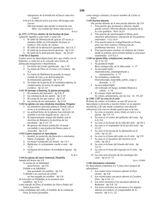 135
         (Asegúrese de la bendición al hacer estas tres              como testigo cristiano, el nuevo nombre de Cristo el
              cosas.)                                                      Señor
    POR QUÉ SE OFRECEN ESTOS ACICATES: «El tiempo está               1185 Puertas abiertas
         cerca».                                                           «He puesto delante de ti una puerta abierta» Ap 3.8
         (No hay tiempo que perder si usted lee este                       1 Una puerta que permanece abierta: «nadie
              libro. «La venida del Señor está cerca».)                        puede cerrar», Dios ha abierto «la puerta de la
                                                      W.H.S.                   fe a los gentiles» Hch 14.27
[p 197] 1179 Los «Amén» de los Escritos de Juan                            2 Una puerta de oportunidad en Efeso, pero
«¡Amén!» significa «¡Así sea!» o «¡Así es!»                                    «muchos adversarios»: Oposición de los poderes
    1 El AMÉN de afirmación de gracia: 25 veces, y                             infernales 1 Co 16.9
         siempre doble en el Evangelio de Juan, se                         3 Una puerta para la evangelización en Troas,
         traduce: «De cierto, de cierto»                                       pero «no tuve reposo»: Distracción de
    2 El AMÉN de la adoración agradecida Ap 1.6, 7                             problemas internos 2 Co 2.12
    3 El AMEN de la anunciación gloriosa Ap 3.14                           4 Una puerta para enseñar «el misterio de Cristo»
    4 El AMÉN de la anticipación alegre Ap 22.20                               desde la prisión, pero retraso debido a oraciones
1180 En el Espíritu                                                            indefinidas Col 4.2.3
Cuatro veces en Apocalipsis Juan dice que estaba «en el              1186 La iglesia tibia, complaciente, Laodicea
Espíritu», y cada vez se le concede una visión de                              Ap 3.14–22
destacada imaginería e importancia.                                        1 Su jactancia triple:
    1 La visión del Cristo glorificado Ap 1.10                                 Rica, enriquecida, no le falta nada v. 17
    2 La visión de Dios en el trono y el Cordero Ap                        2 Su necedad triple:
         4.2                                                                   Autosuficiente, autoimportante y
    3 La visión de Babilonia la grande, la mujer                                    autosatisfecha v. 17
         vestida de rojo, y su derrocamiento                               3 Su verdadera condición:
         (Cristianismo apóstata) Ap 17.3                                       Desventurado, miserable, pobre, ciego y
    4 La visión de la gloria de la verdadera Iglesia, la                            desnudo v. 17
         ciudad santa, la novia, la esposa del                             4 Su necesidad triple:
         Cordero Ap 21.10                                                      oro refinado en fuego, vestidos blancos y
1181 El mensaje a Esmirna, la iglesia perseguida                                    colirio v. 18
    1 El consuelo del Salvador Ap 2.8, 9                                   5 El consejo triple del Señor:
    2 La constancia de los santos Ap 2.10                                      Sé celoso, arrepiéntete, oye mi voz vv. 19, 20
    3 El coraje de los que sufren Ap 2.10                            [p 198] 1187 La cruz en el cielo
    4 La corona de los inmolados Ap 2.10                             El título de Cristo: el Cordero, se usa 28 veces en
1182 La iglesia con una ortodoxia mundana, Pérgamo                   Apocalipsis y presenta a nuestro Señor en su aspecto
    1 La atmósfera infernal satánica: Donde está el                  sacrificial, y de este modo constituye una directa
         trono y la residencia de satanás Ap 2.13                    referencia a la cruz en donde quiera que se lo usa.
    2 La actitud firme de la iglesia: has retenido mi                      1 La cruz es nuestro único título al cielo y a la
         nombre y no has negado mi fe Ap 2.13                                  gloria Ap 7.9–15
    3 El impresionante ataque del diablo: con la                           2 La cruz es el centro del gobierno del cielo Ap
         doctrina de Balaam y la doctrina de los                               4.2; 5.6
         nicolaitas Ap 2.14, 15                                            3 La cruz es la fuente de la vida del cielo Ap 22.1
    4 El aprecio del Señor satisfecho: el maná                             4 La cruz es el resplandor de la luz del cielo Ap
         escondido y una piedrecita blanca para el                             21.23
         vencedor Ap 2.17                                                  5 La cruz es la escena de la adoración en el
1183 Cuatro mujeres en Apocalipsis                                             cielo Ap 21.22
    1 Jezabel, su posición, declaración y enseñanza                        6 La cruz es el tema del canto en el cielo Ap 5.9
         falsas: el papado Ap 2.20                                         7 La cruz es el incentivo del servicio en el
    2 La mujer vestida del sol, Israel Ap 12.1                                 cielo Ap 22.3
    3 Babilonia: el cristianismo vuelto a unir Ap                          8 La cruz es la base del triunfo del cielo Ap
         17.5                                                                  12.11
    4 La Esposa del Cordero: la verdadera Iglesia Ap                       9 La cruz es el tema del regocijo en el cielo Ap
         19.7                                                                  19.7
                                                     W.W.F.                10 La cruz será el terror de los enemigos del
1184 La iglesia del amor fraternal, Filadelfia                                 cielo Ap 6.12–17
Amada del Señor Ap 3.9                                                                                               R.J.G. VOISIN
    A cuenta de su debilidad:                                        1188 Adoradores celestiales
         poca fuerza Ap 3.8                                          En Apocalipsis, Capítulos 4 y 5, hay cinco grupos de
    Debido a su fidelidad:                                           adoradores:
         has guardado mi palabra Ap 3.8                                    1 Los cuatro seres vivientes adoran al Dios
    Y debido a su carencia de temor:                                           eterno Ap 4.8
         no has negado mi nombre Ap 3.8                                    2 Los veinticuatro ancianos adoran al Creador,
Al vencedor en Filadelfia, se le promete tres                                  Dios Ap 4.10, 11
    nombres Ap 3.12                                                        3 Los seres vivientes y los ancianos adoran al
como nacido de Dios, el nombre de Dios y Padre del                             Redentor Ap 5.8–10
    Señor Jesucristo                                                       4 Los seres vivientes, los ancianos y los ángeles
como ciudadano del cielo, el nombre de la ciudad de                            adoran al Cordero, el conquistador de la
    Dios, la nueva Jerusalén                                                   muerte Ap 5.11, 12
 